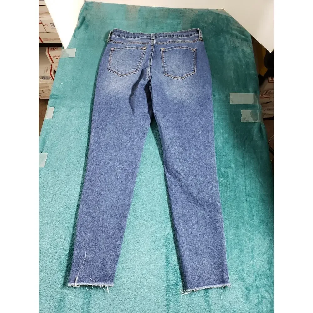 Kancan Jeans Size 11 Womens Blue Stretch Pants Denim Mid Rise Fray Hem Ankle